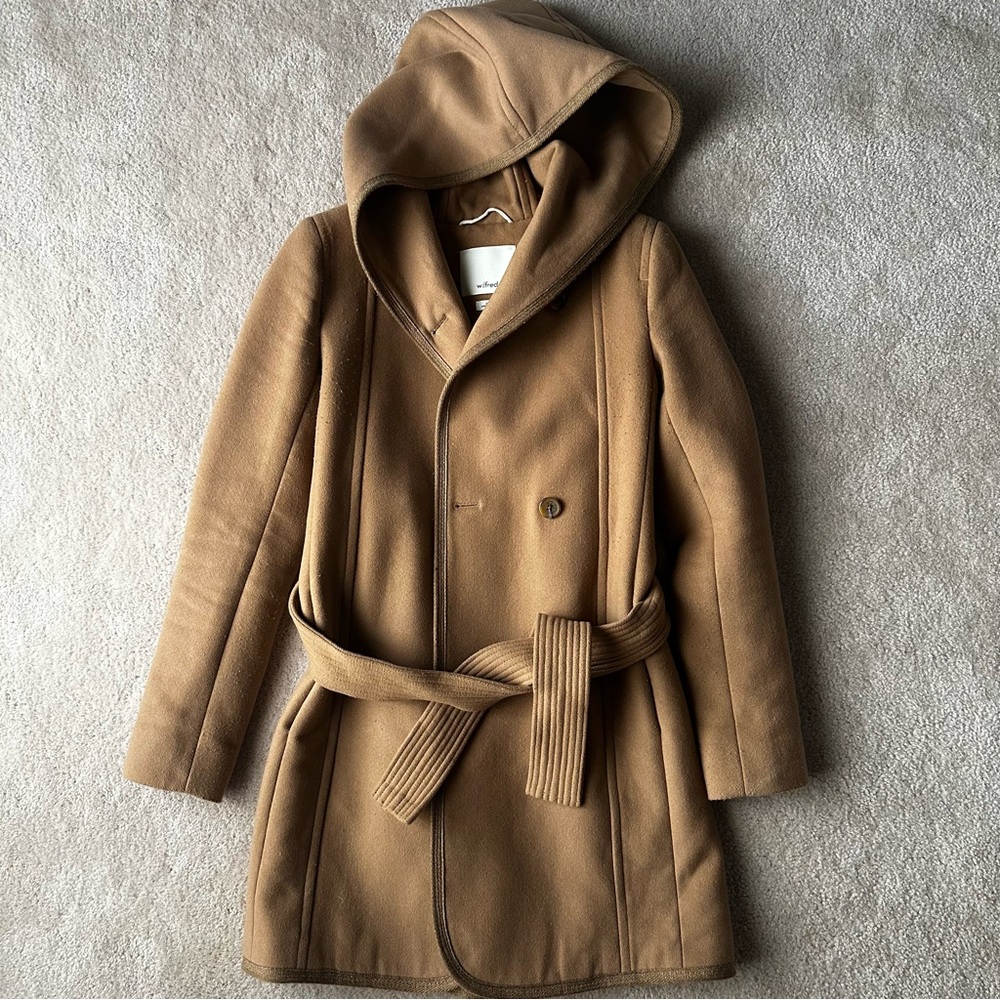 Wilfred Camel Wool Cashmere Hooded Wrap Coat